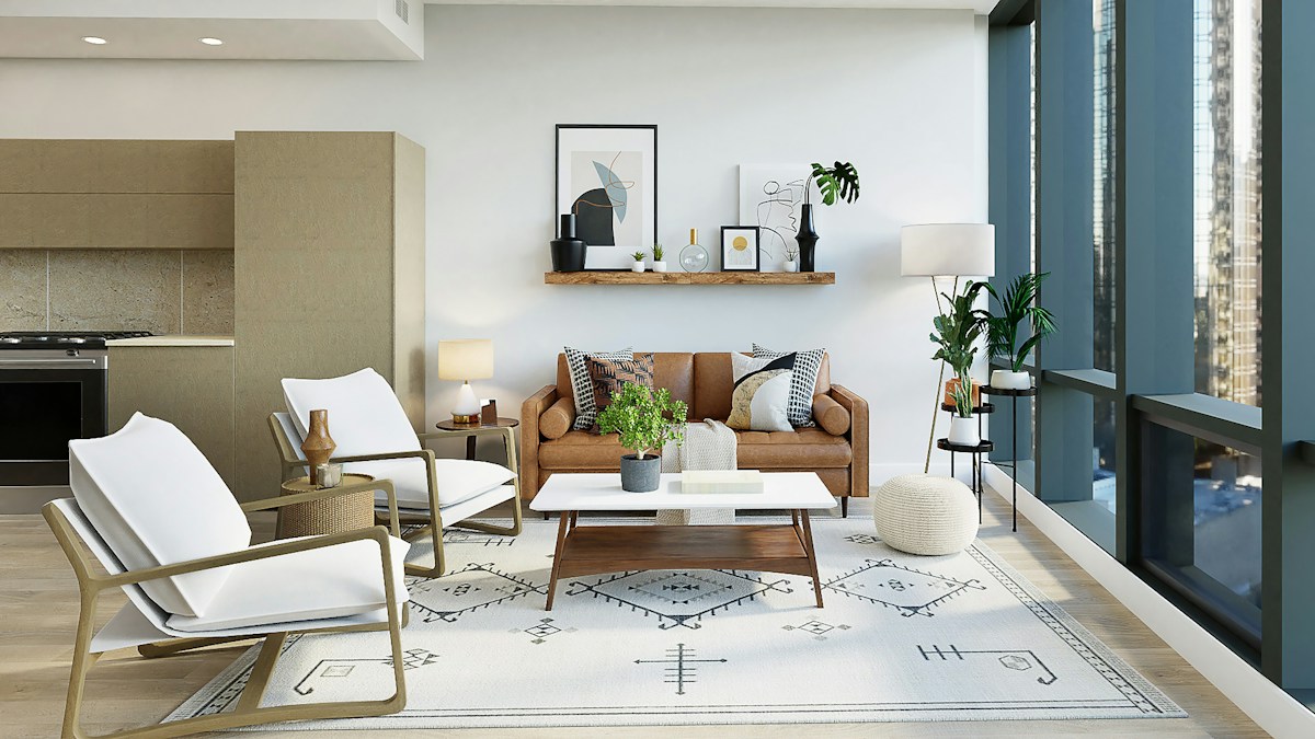 Warm contemporary interior with finished wallpaper